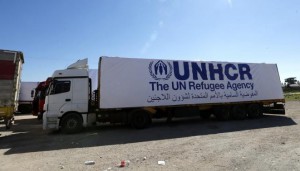 Trucks carrying humanitarian supplies wait in front of Turkey's Nusaybin border post in Mardin province
